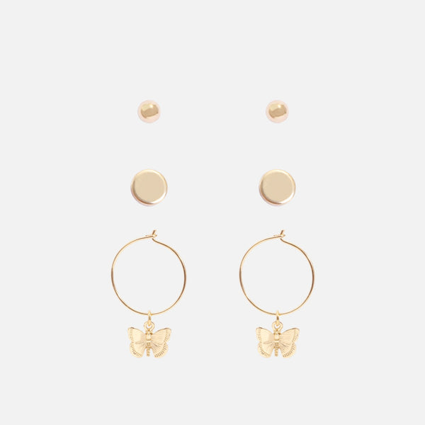 Load image into Gallery viewer, Set of golden fixed earrings and butterfly hoops
