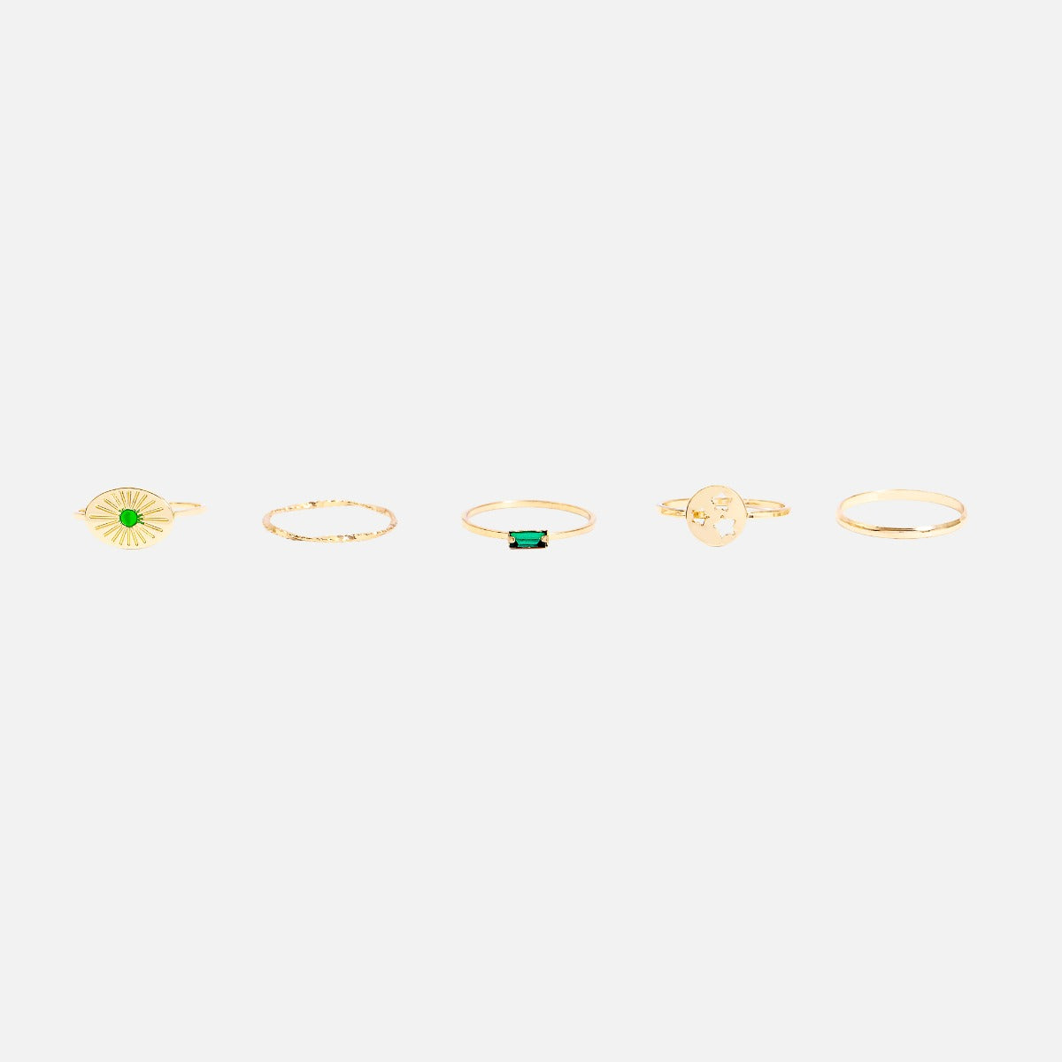 Set of five golden and green rings