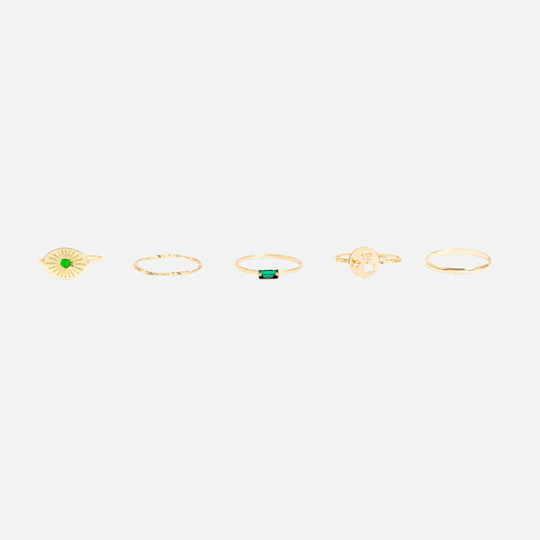 Load image into Gallery viewer, Set of five golden and green rings
