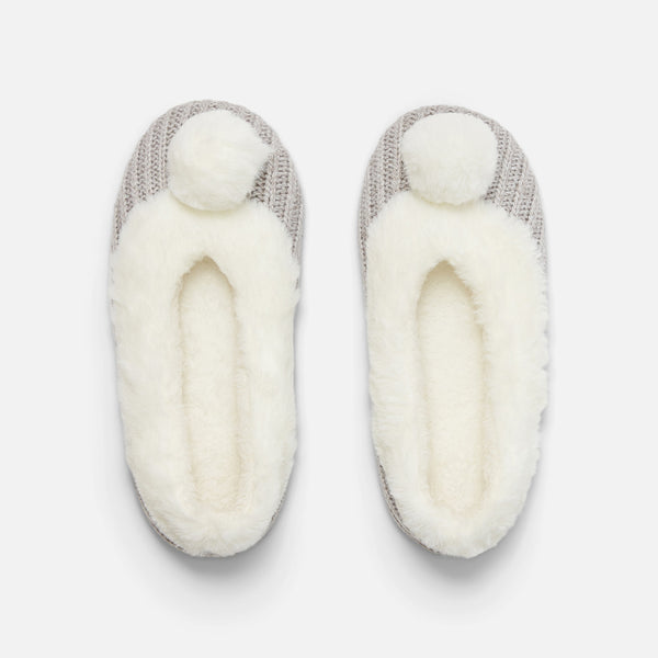 Load image into Gallery viewer, Grey slippers with beige pompoms
