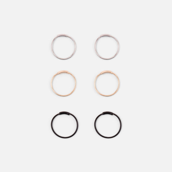 Load image into Gallery viewer, Golden, silvered and black hoop earrings trio
