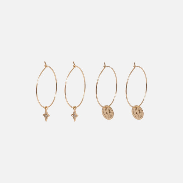 Load image into Gallery viewer, Duo of hoop earrings with coin and star medallions
