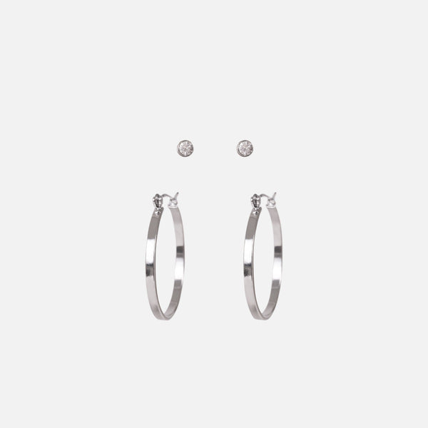 Load image into Gallery viewer, Duo of earrings with silvered hoops and small glittering stones
