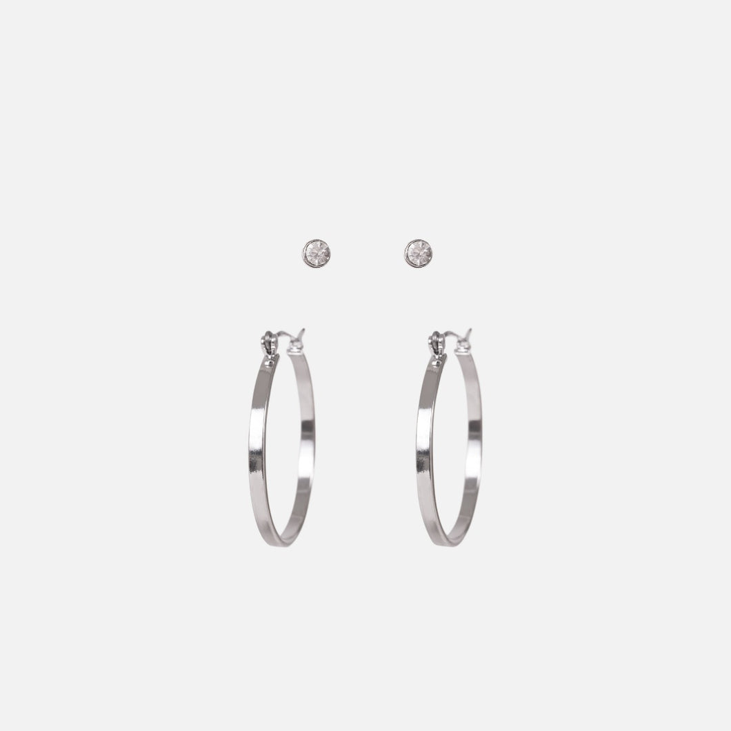 Duo of earrings with silvered hoops and small glittering stones