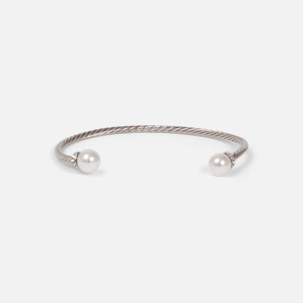 Load image into Gallery viewer, Flexible silvered bangle bracelet with pearls
