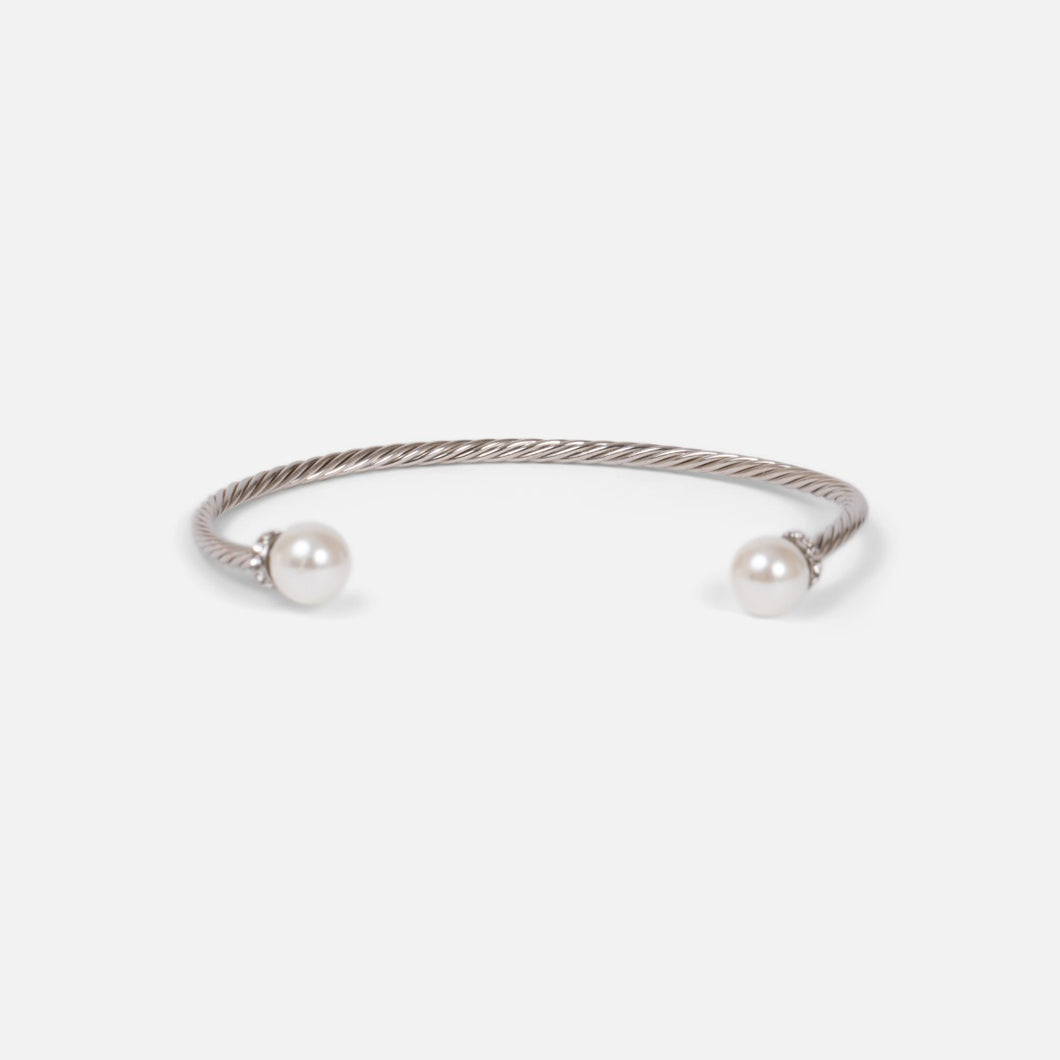 Flexible silvered bangle bracelet with pearls