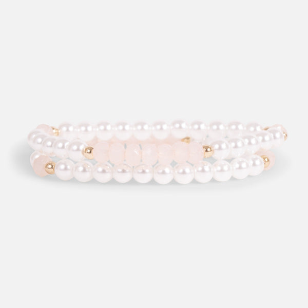 Load image into Gallery viewer, Set of two elastic bracelets with pearls, pink and golden beads

