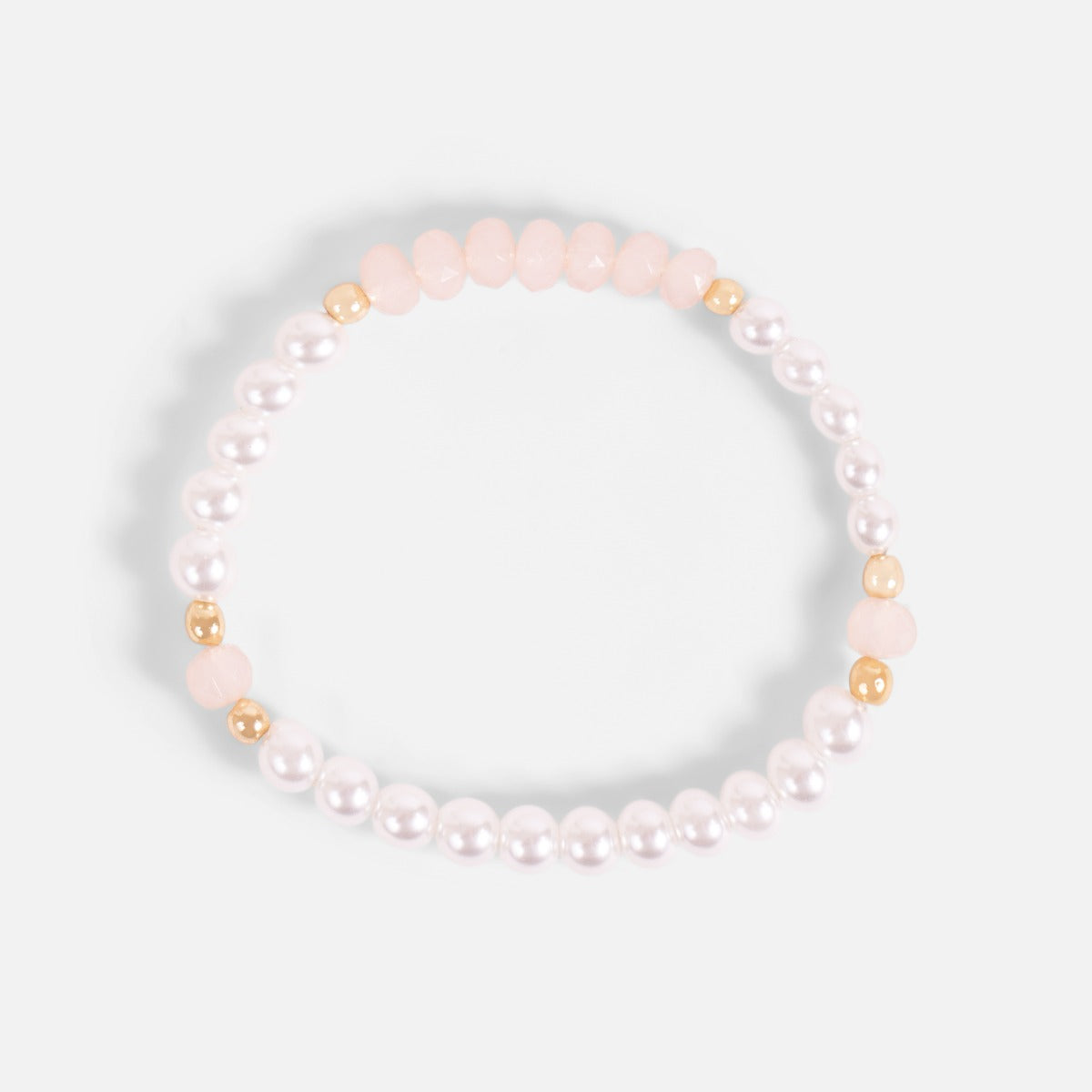 Set of two elastic bracelets with pearls, pink and golden beads