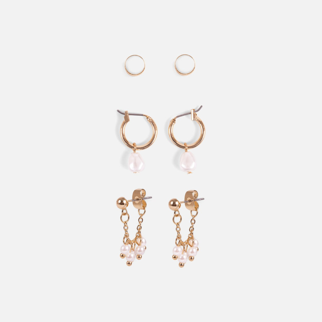 Trio de boucles d’oreilles doré fixe et anneaux avec perles
