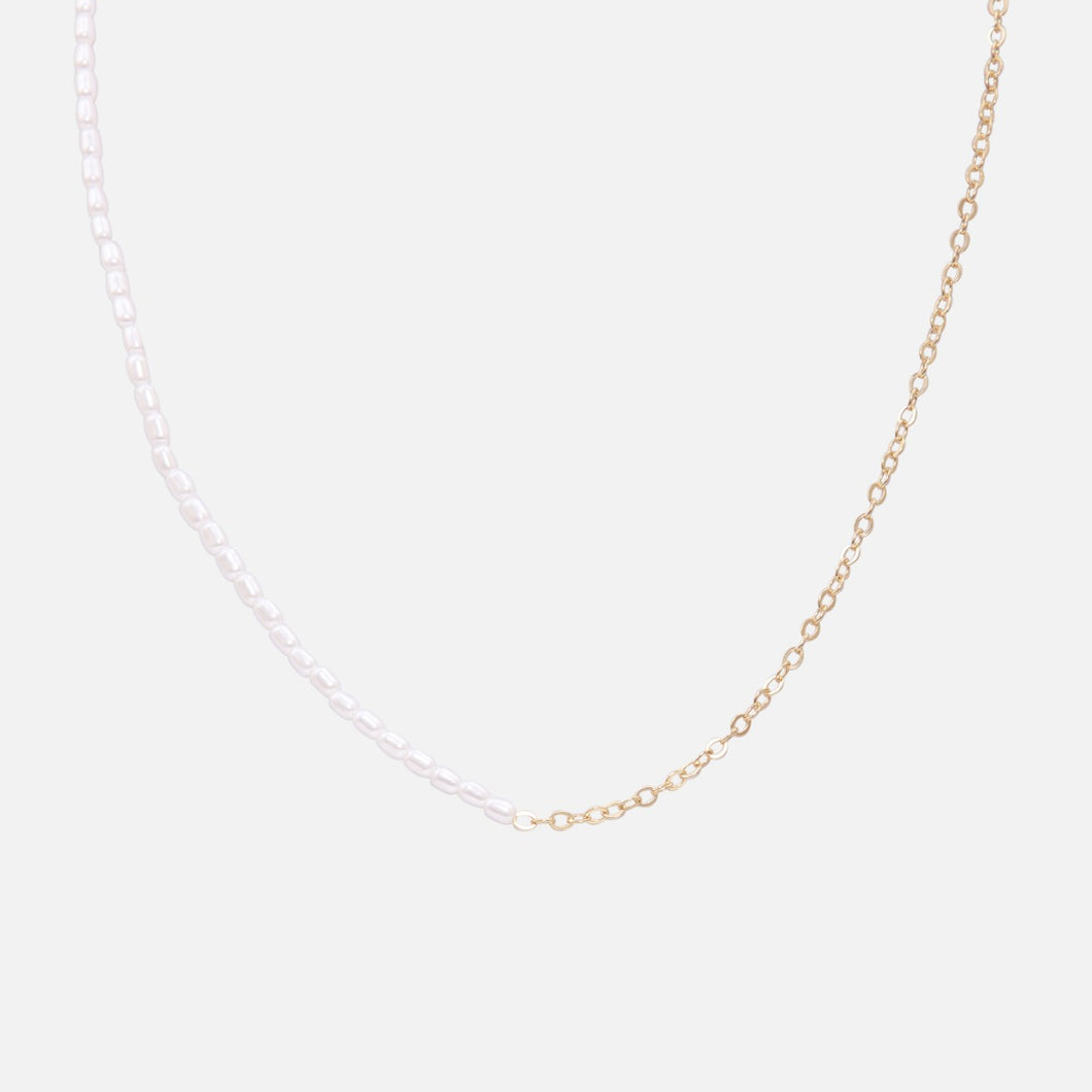 Necklace with half golden chain and half pearls
