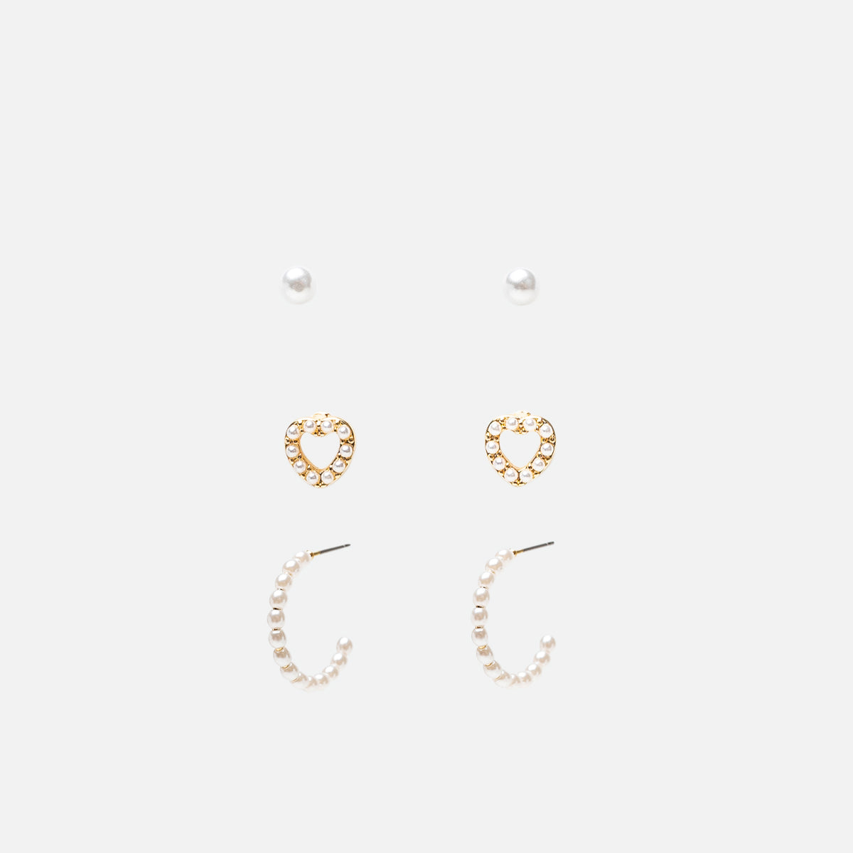 Trio boucles d’oreilles perles, cœurs et anneaux
