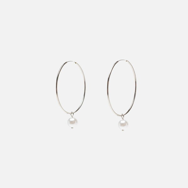 Load image into Gallery viewer, Silver hoop earrings with pearl charm 
