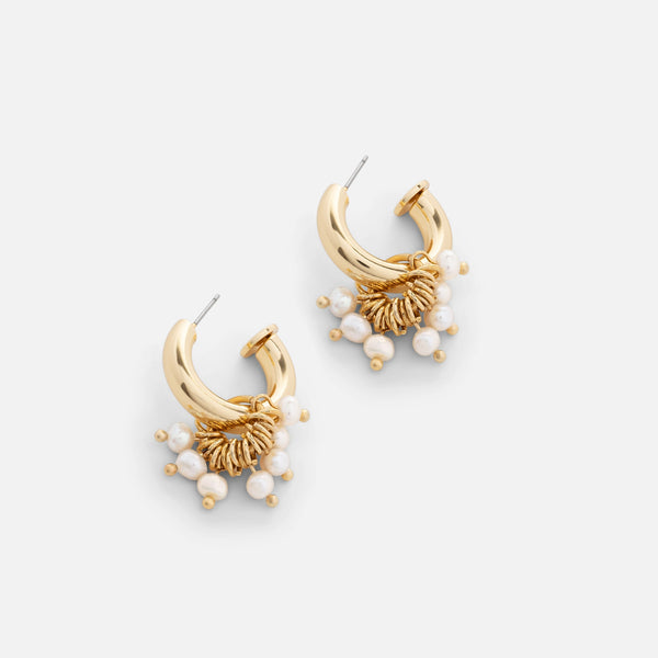 Load image into Gallery viewer, Golden hoop earrings with pearl charms 

