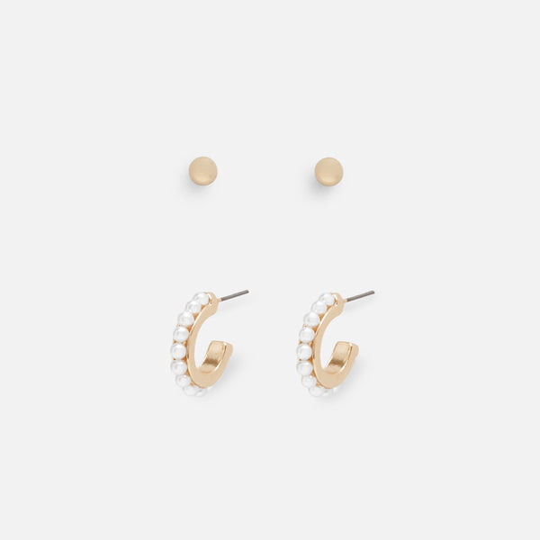 Charger l&#39;image dans la galerie, Ensemble de boucles d’oreilles fixes dorées et anneaux avec perles
