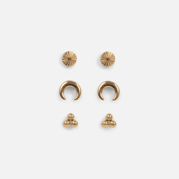 Load image into Gallery viewer, Trio of small golden stainless steel earrings
