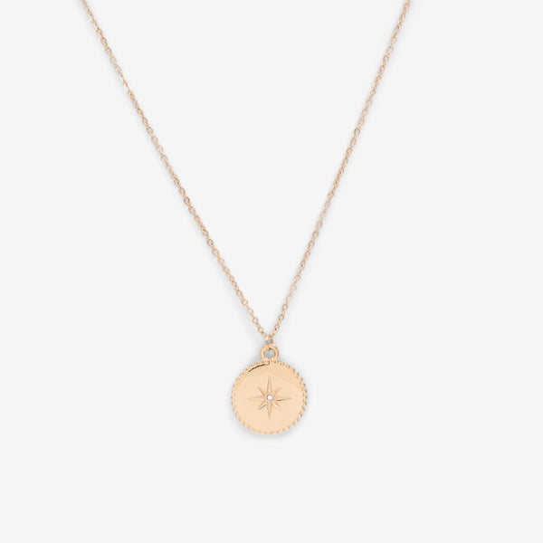 Load image into Gallery viewer, 20 inches golden stainless steel necklace with round charm engraved star and zirconium 
