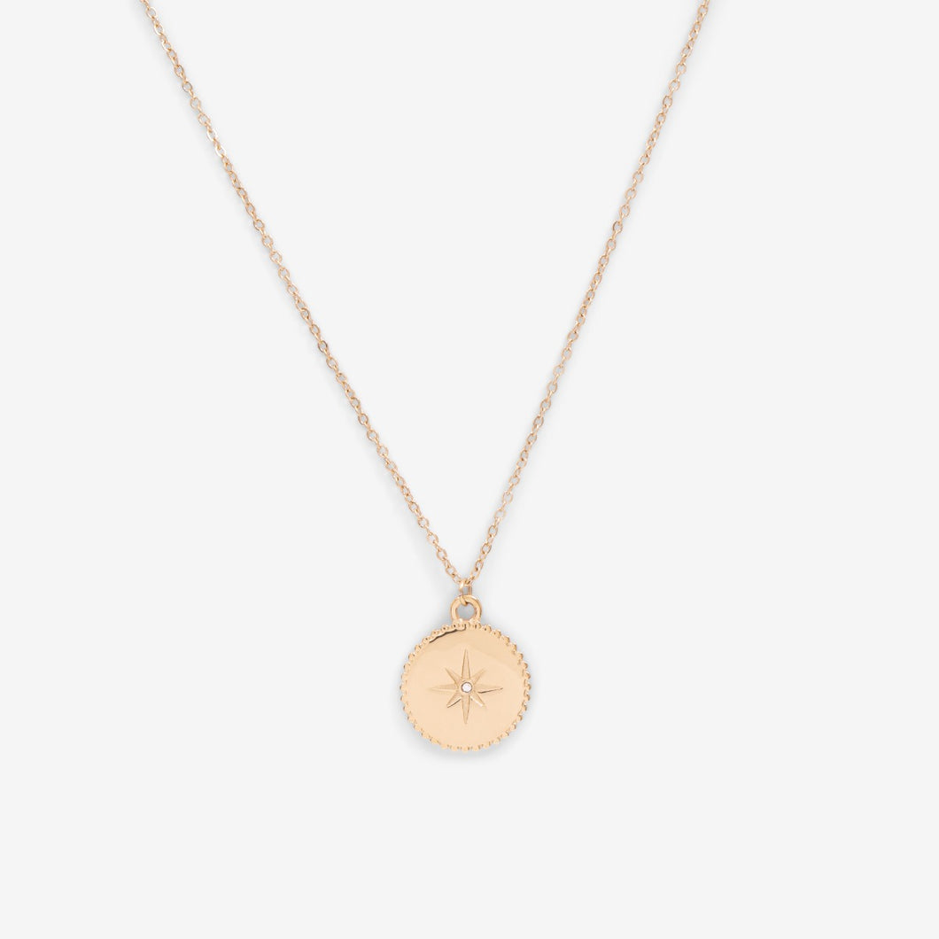 20 inches golden stainless steel necklace with round charm engraved star and zirconium 