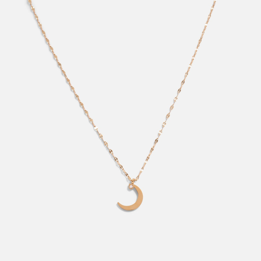 Golden necklace with shinny mesh and moon charm in stainless steel