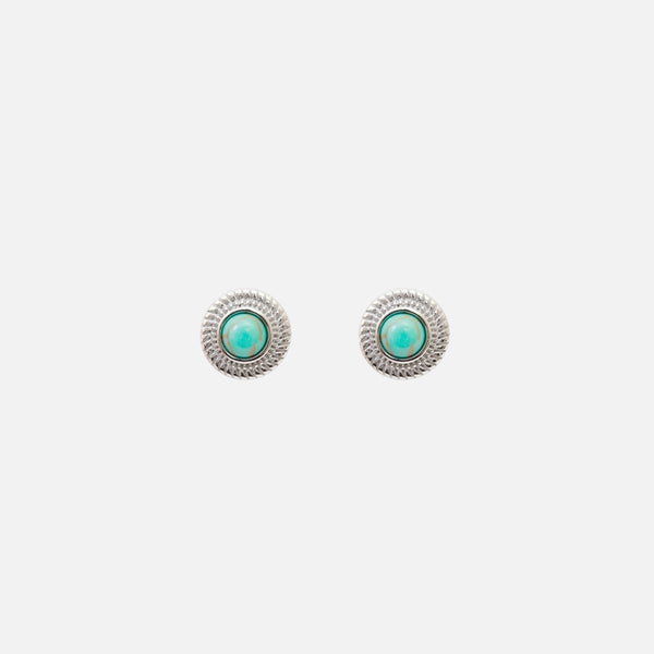 Charger l&#39;image dans la galerie, Boucles d’oreilles turquoise fixes avec contour texturé argenté en acier inoxydable
