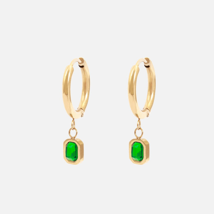 Boucles d’oreilles anneaux dorées et breloque émeraude en acier inoxydable