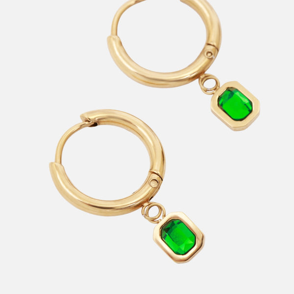 Load image into Gallery viewer, Golden stainless steel hoops earrings and emerald charm
