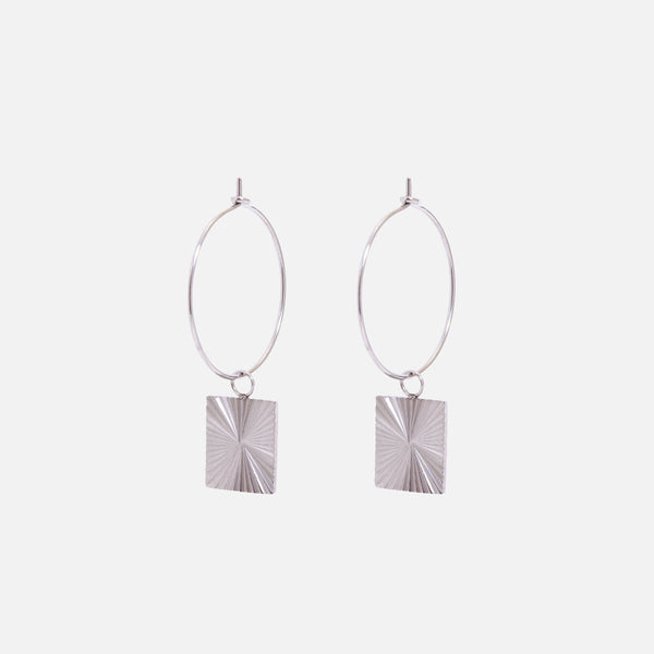 Load image into Gallery viewer, Silver stainless steel hoop earrings with rectangle charm
