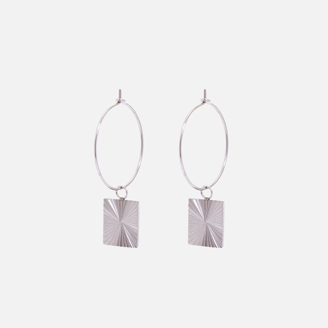 Silver stainless steel hoop earrings with rectangle charm