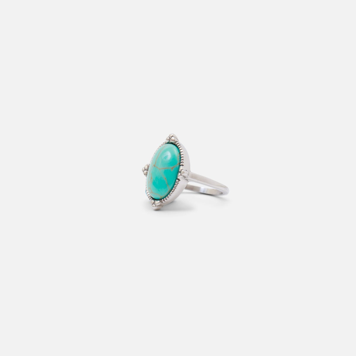 Adjustable stainless steel silvered ring with turquoise stone