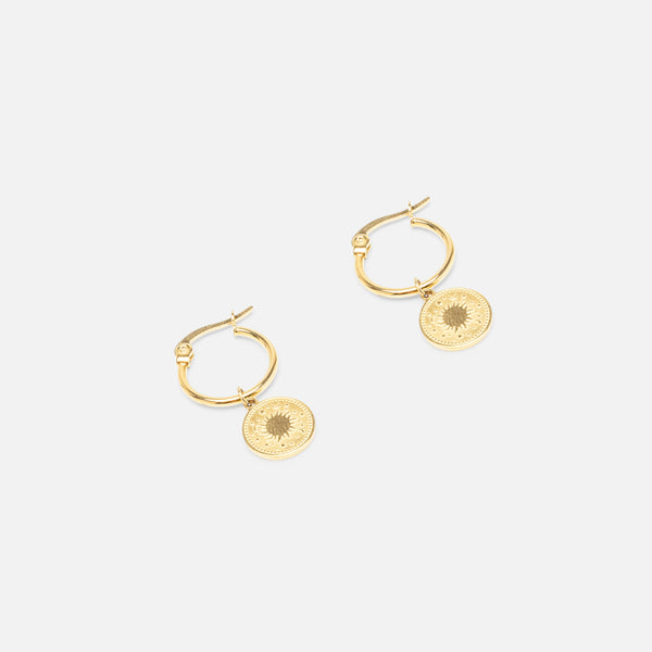 Load image into Gallery viewer, Golden hoop earrings with sun and moon charm
