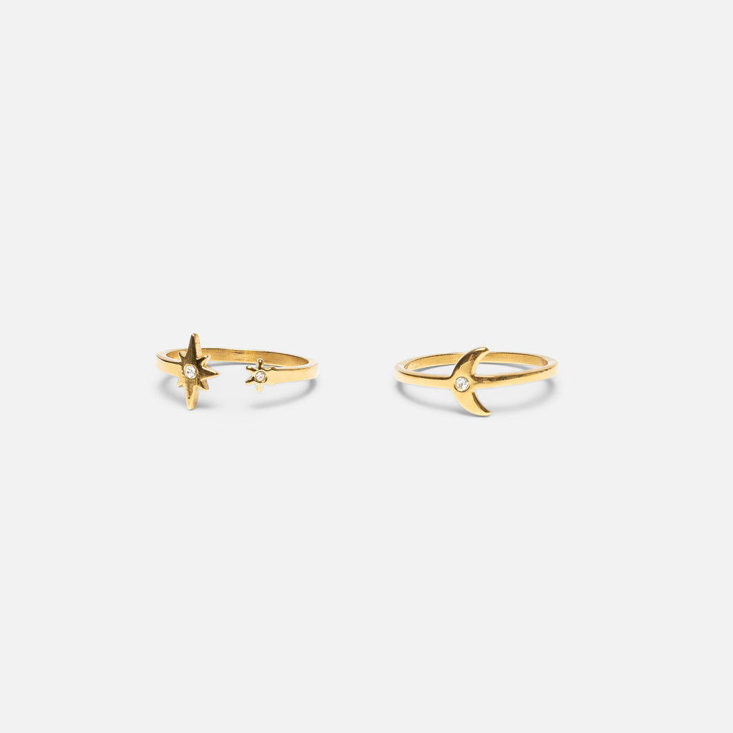 Duo golden star and moon rings in stainless steel