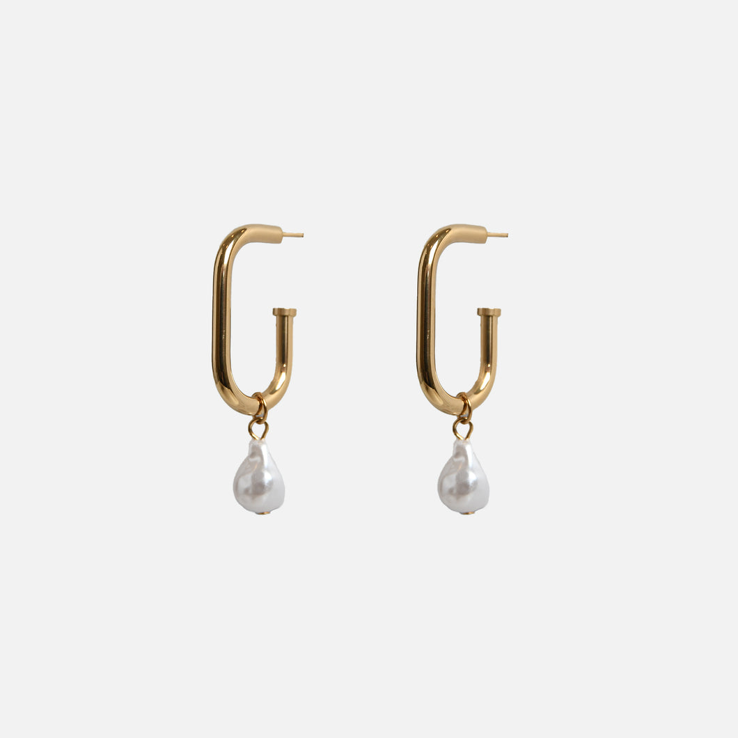 Boucles d'oreilles ovales dorées avec perle en acier inoxydable