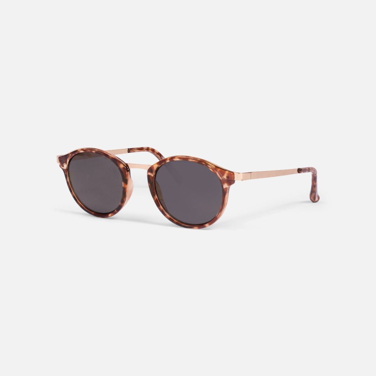 Sunglasses with metallic rose gold branches and tortoise lens outline