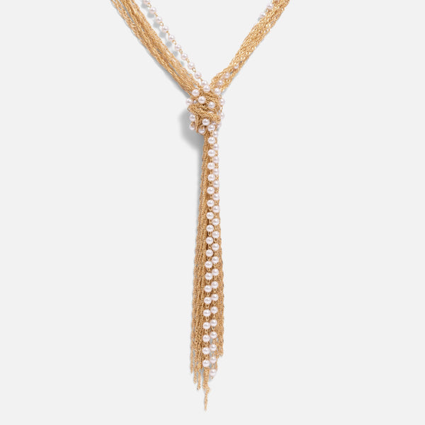 Load image into Gallery viewer, Gold multi-row gold necklace and pearls 
