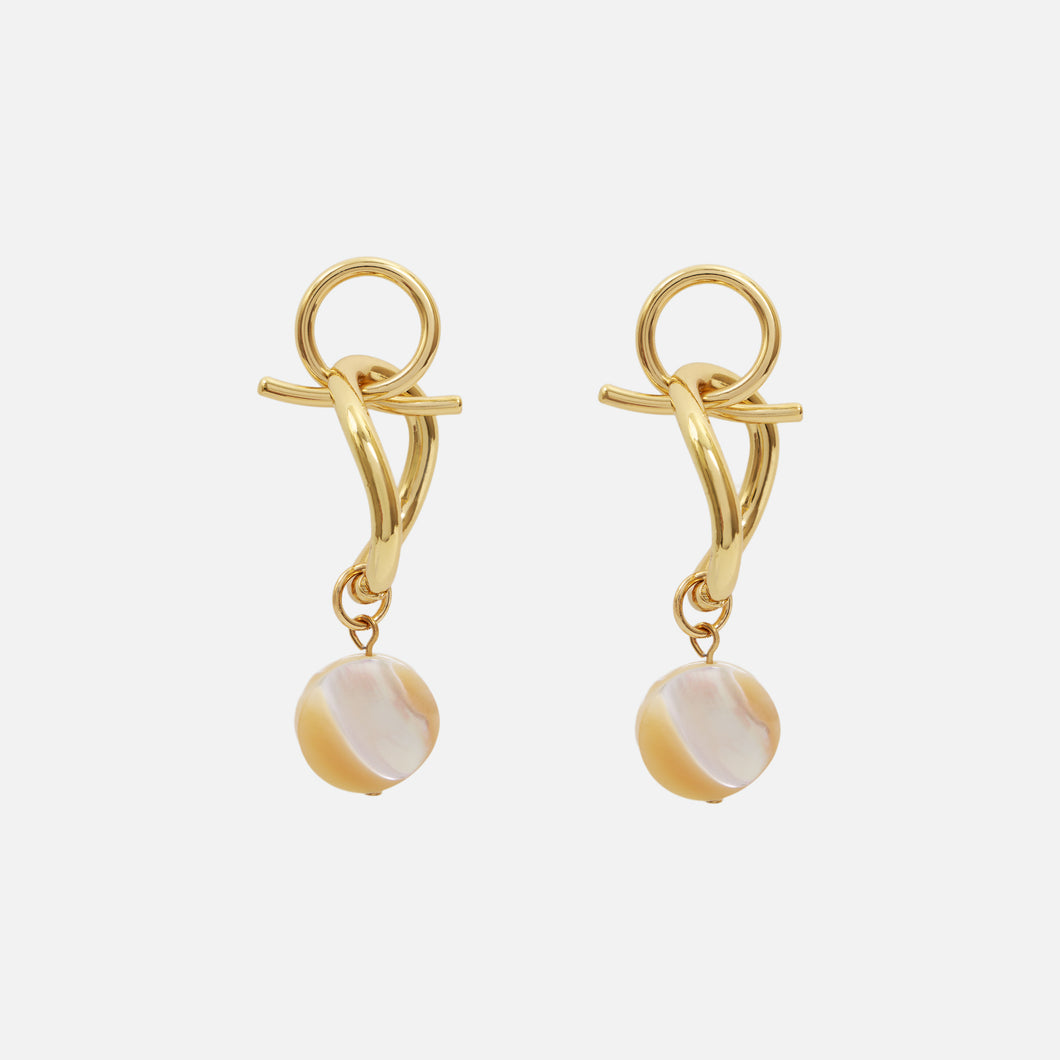 Golden earrings with abstract shape and mother-of-pearl pendant