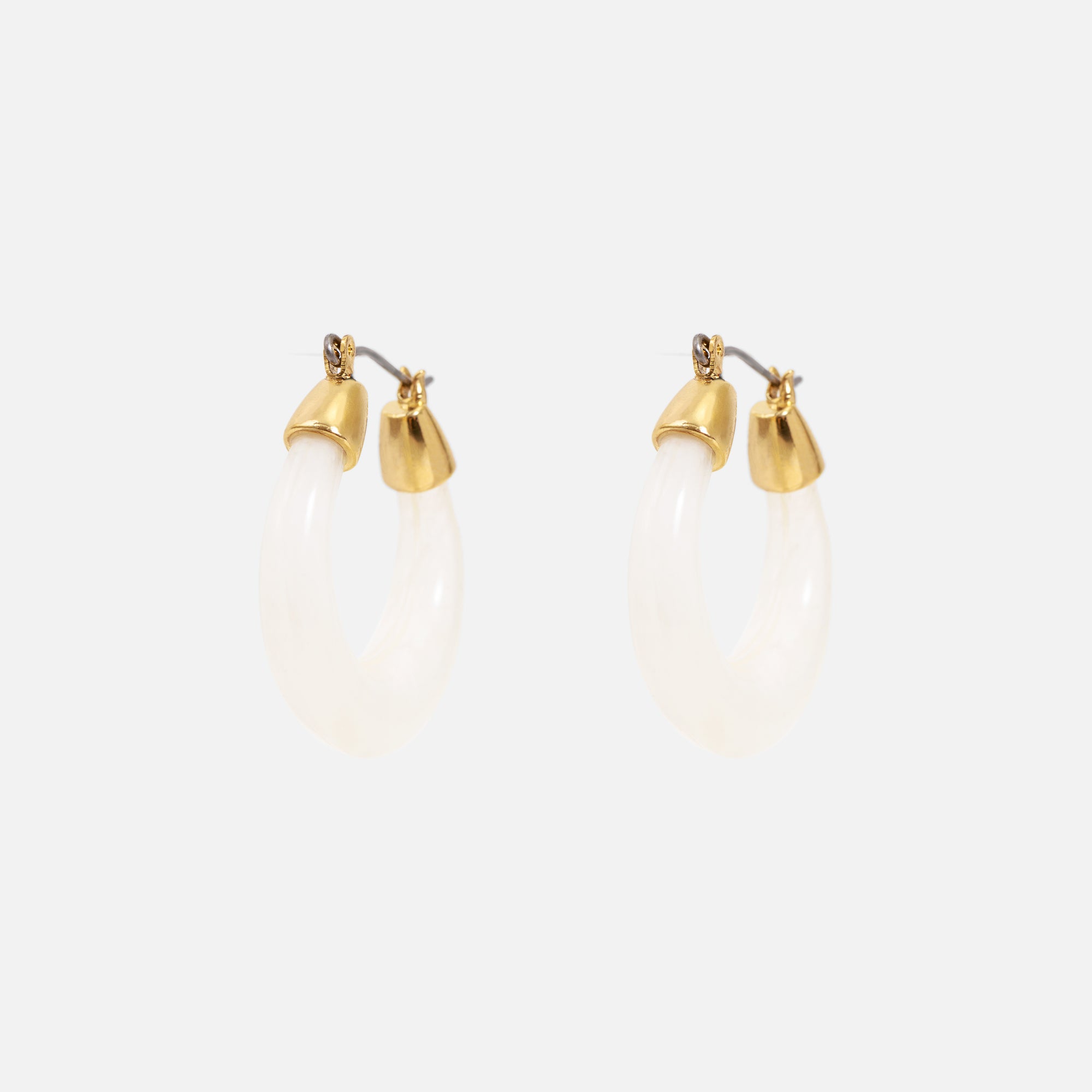 White acetate half circle hoop earrings with golden details