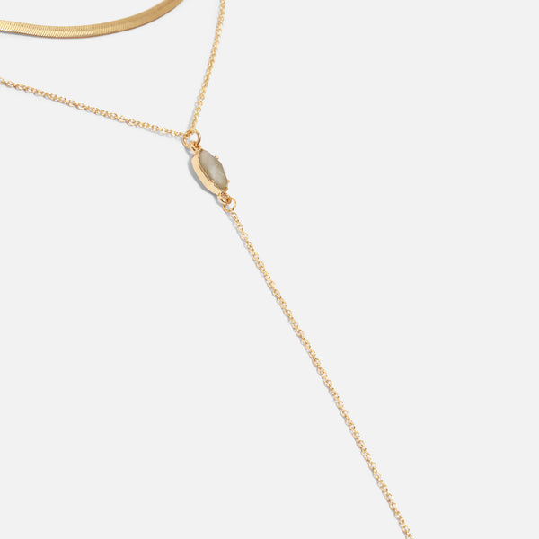 Load image into Gallery viewer, Golden pendant double chains in the shape of y with green stone charm
