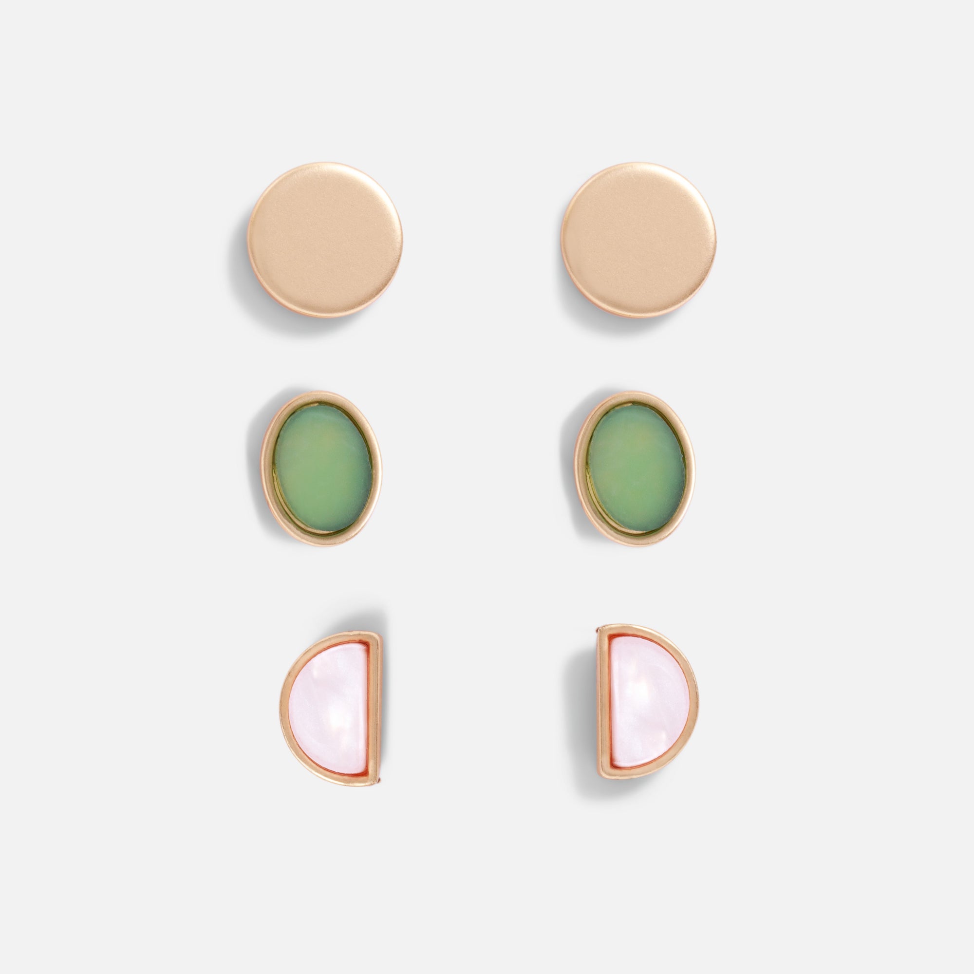 Trio of golden, green and pearl stone earrings