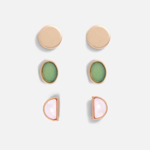 Load image into Gallery viewer, Trio of golden, green and pearl stone earrings
