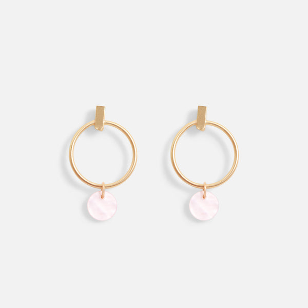 Load image into Gallery viewer, Duo of golden hoop earrings and mother-of-pearl pendant earrings

