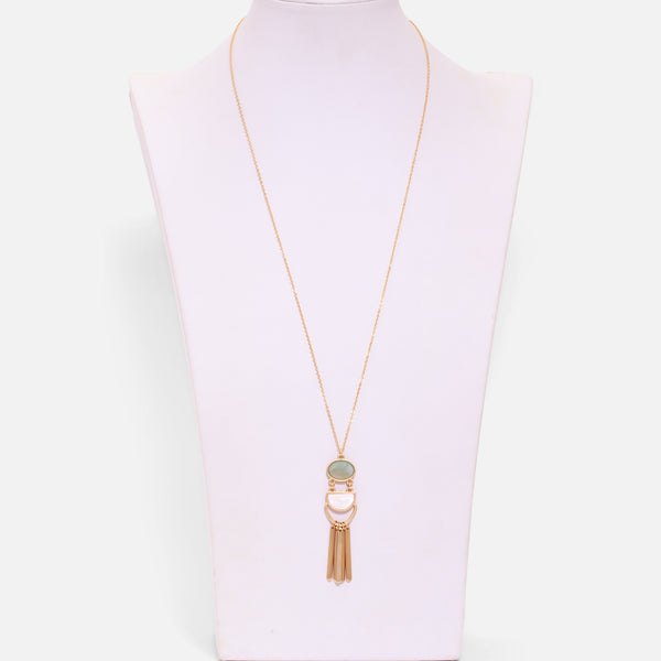 Load image into Gallery viewer, Golden pendant with green and pink stones and golden fringes
