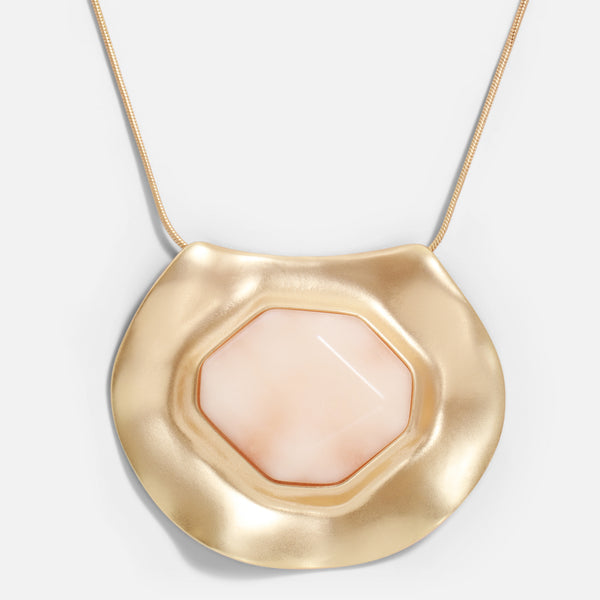 Load image into Gallery viewer, Long golden pendant with pale pink stone
