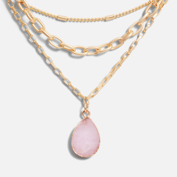 Charger l&#39;image dans la galerie, Trio de chaînes dorées avec pendentif rose pâle
