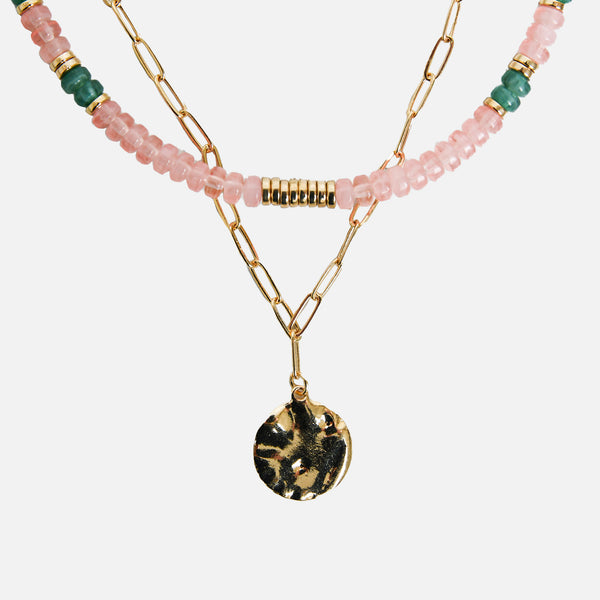 Load image into Gallery viewer, Set of two necklaces colored beads and golden chain with medallion
