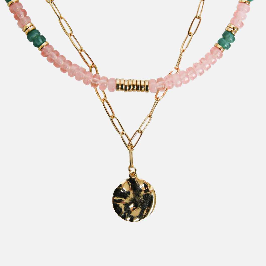 Set of two necklaces colored beads and golden chain with medallion