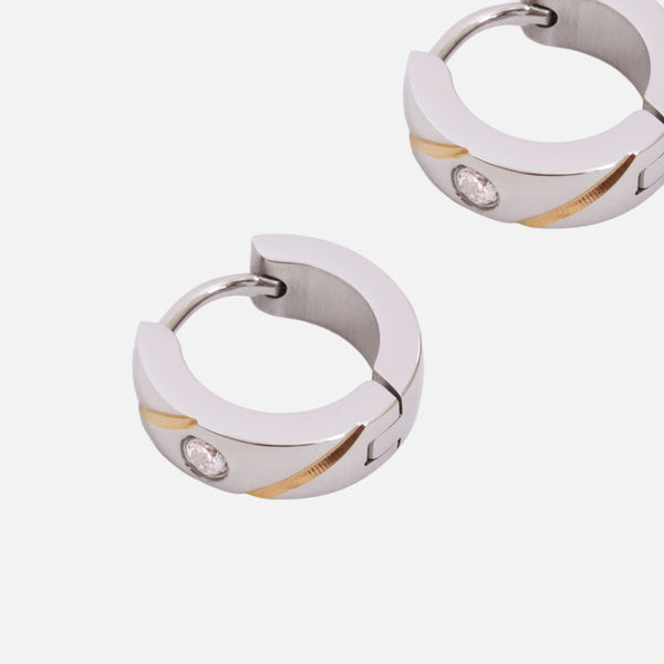 Load image into Gallery viewer, 13mm silvered hoop earrings with cubic zirconia stones
