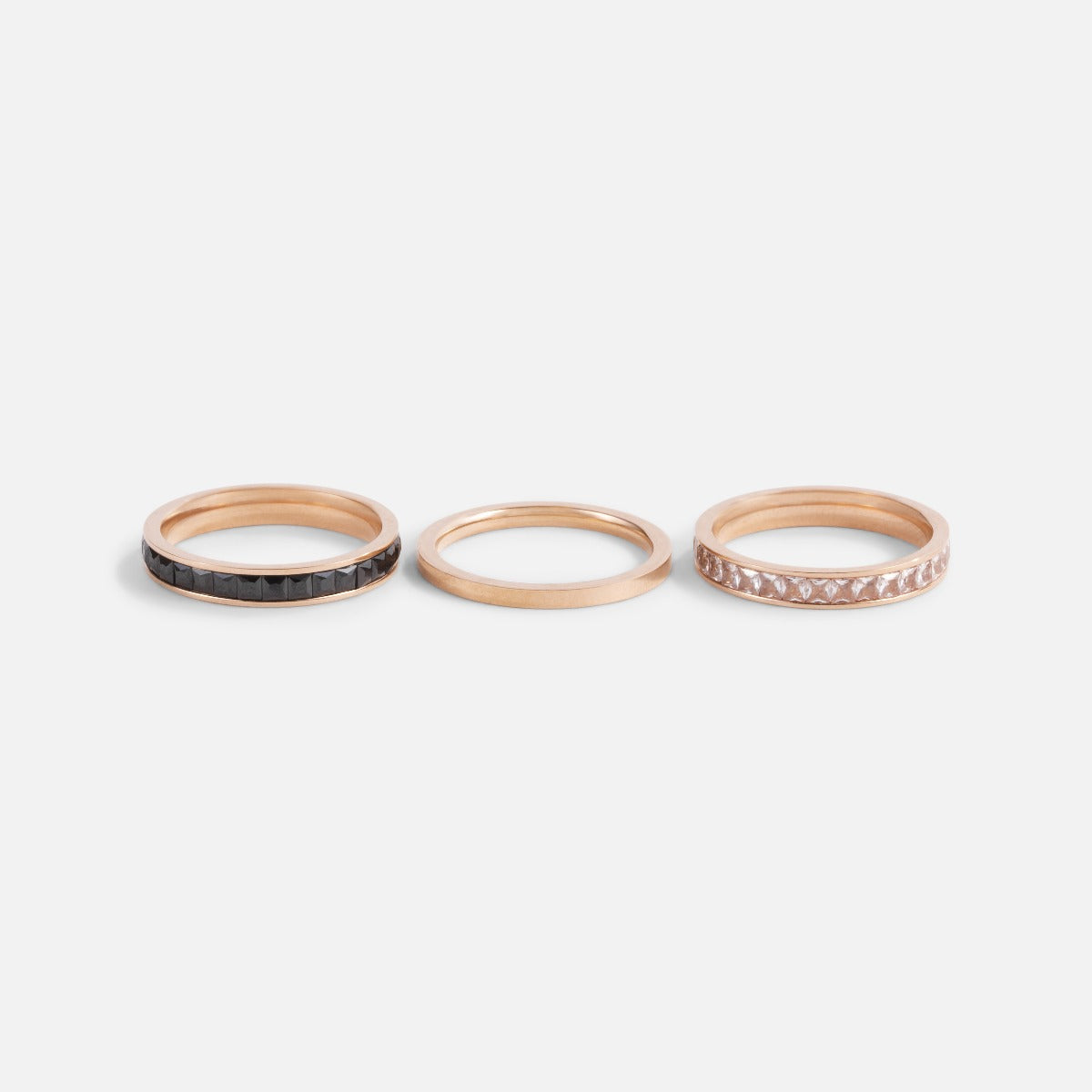 Ensemble trois bagues acier inoxydable rose doré avec pierres