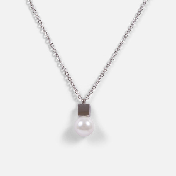 Charger l&#39;image dans la galerie, Collier acier inoxydable argenté avec cube et perle
