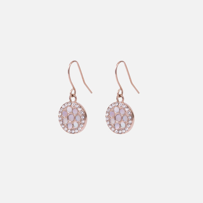 Stainless steel earrings with rose gold charm with stones and mother of pearl
