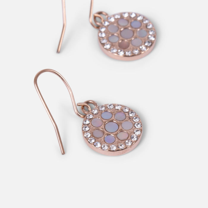 Stainless steel earrings with rose gold charm with stones and mother of pearl
