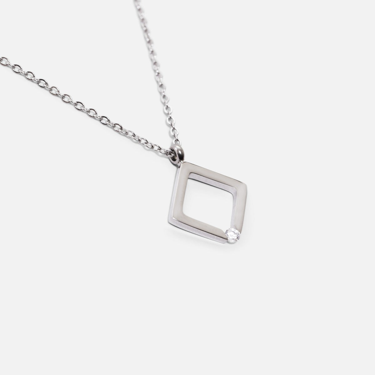 Stainless steel pendant with lozenge charm and cubic zirconia